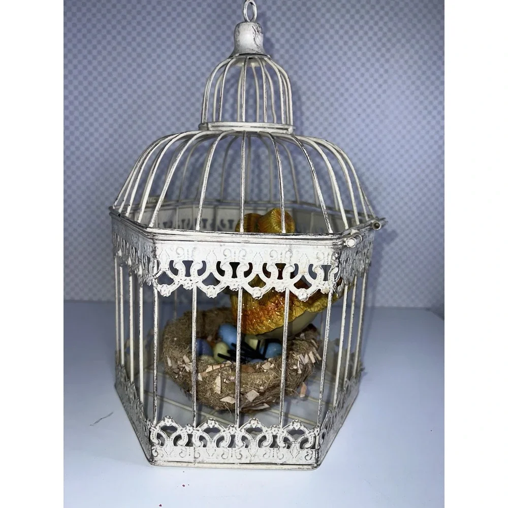 Bird‎ Cage Vintage Cream Color Metal Shabby Chic Cottage Hinge Clasp Lift Top